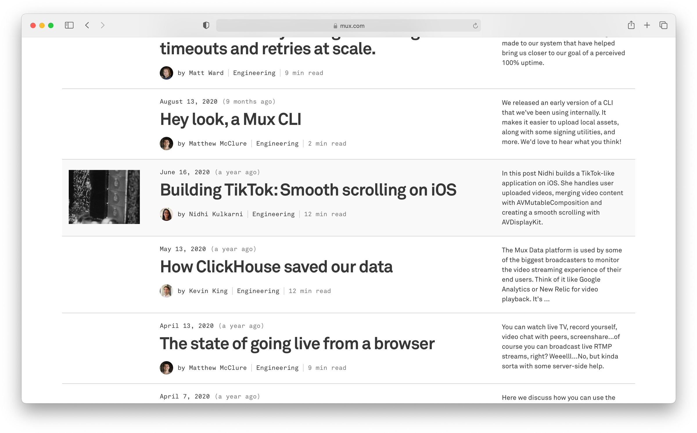 A list view of blog articles