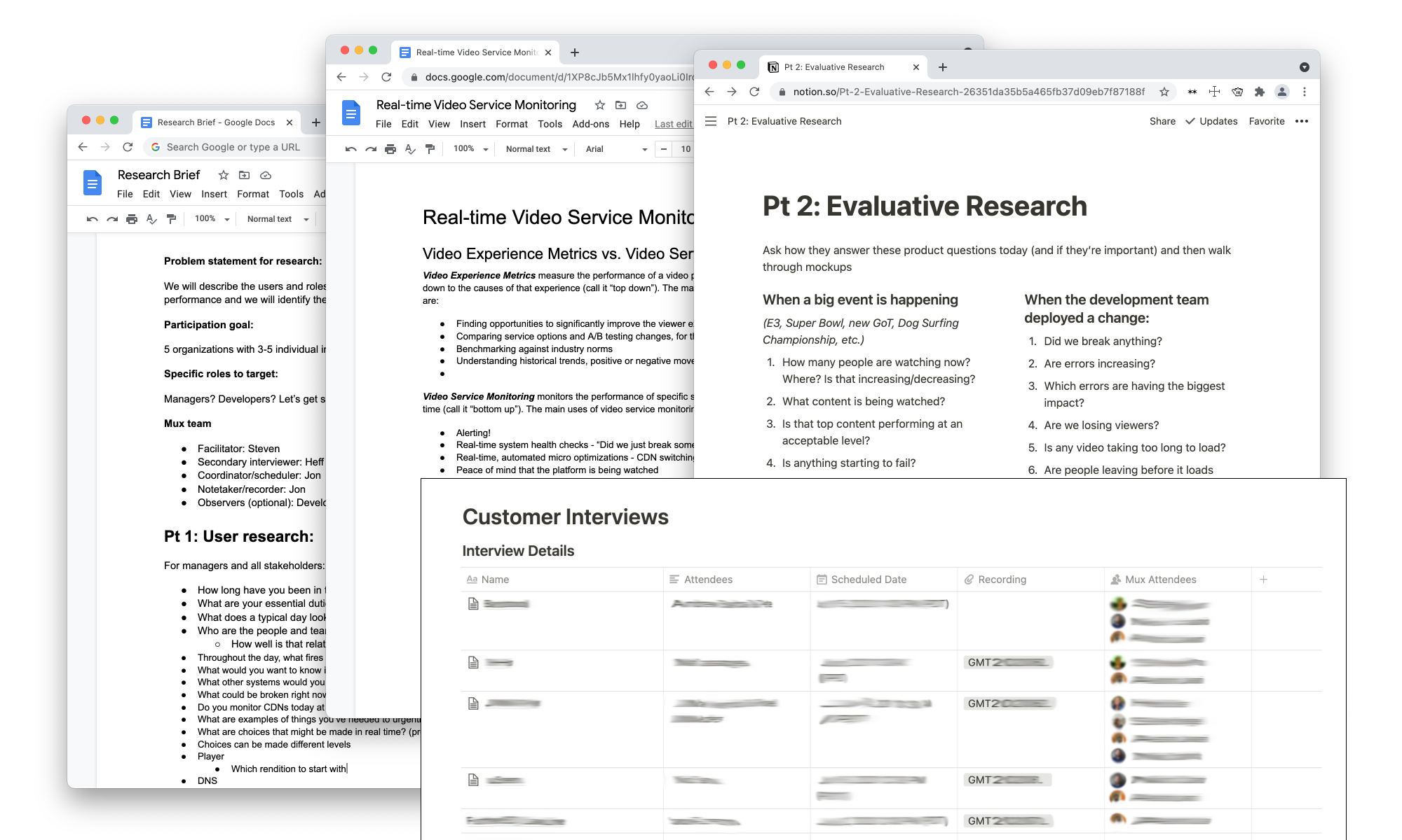 Overlapping docs pages showing research notes