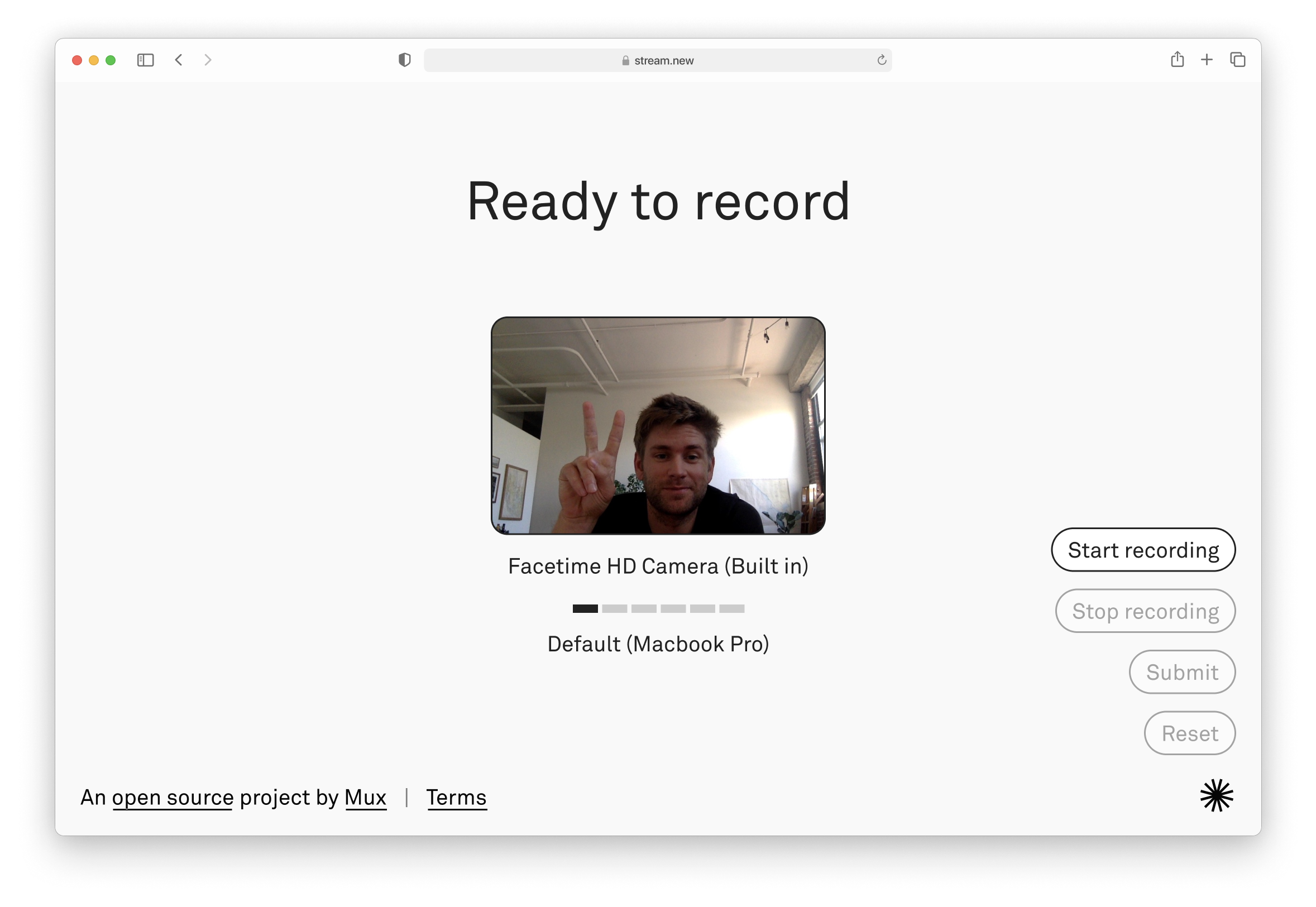 webpage with the front facing camera live and ready to record