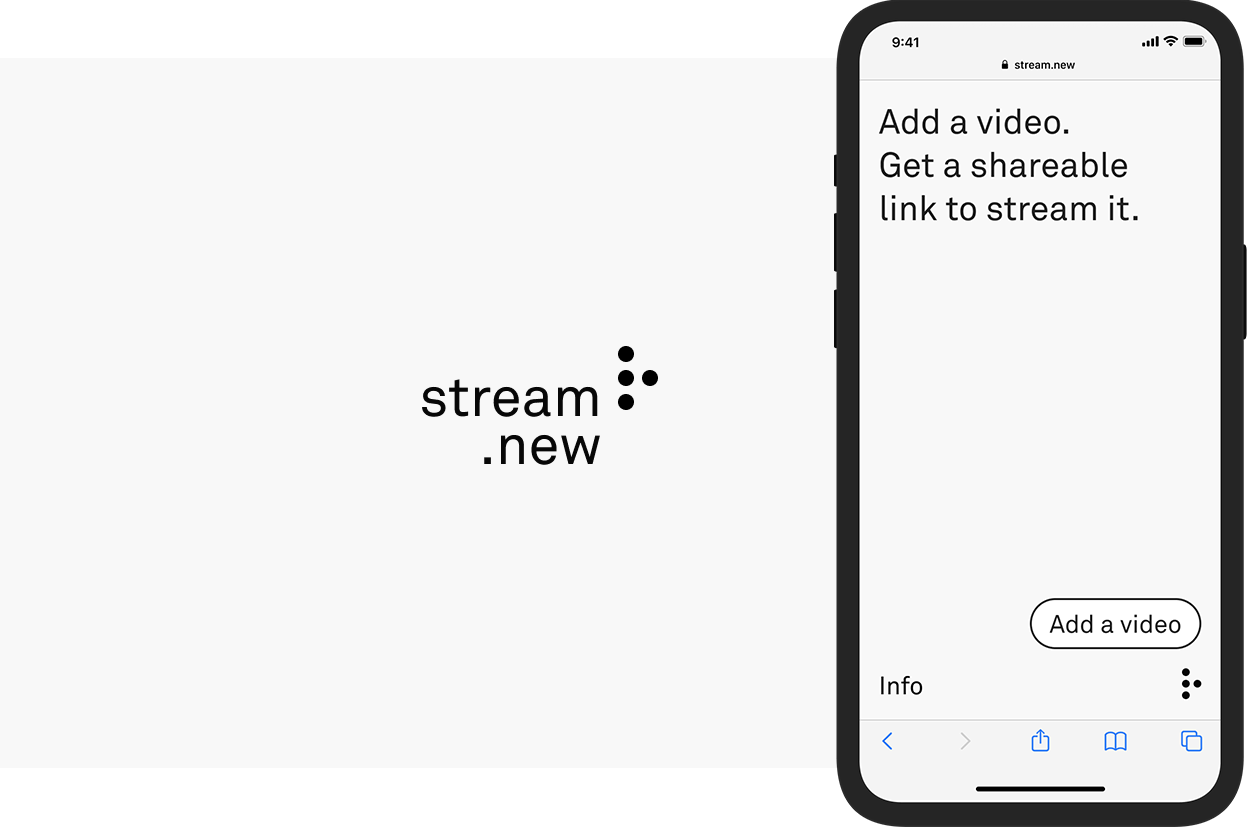 stream.new text with a logo mark containing four dots in the shape of a triangle, with a mobile screenshot next to it