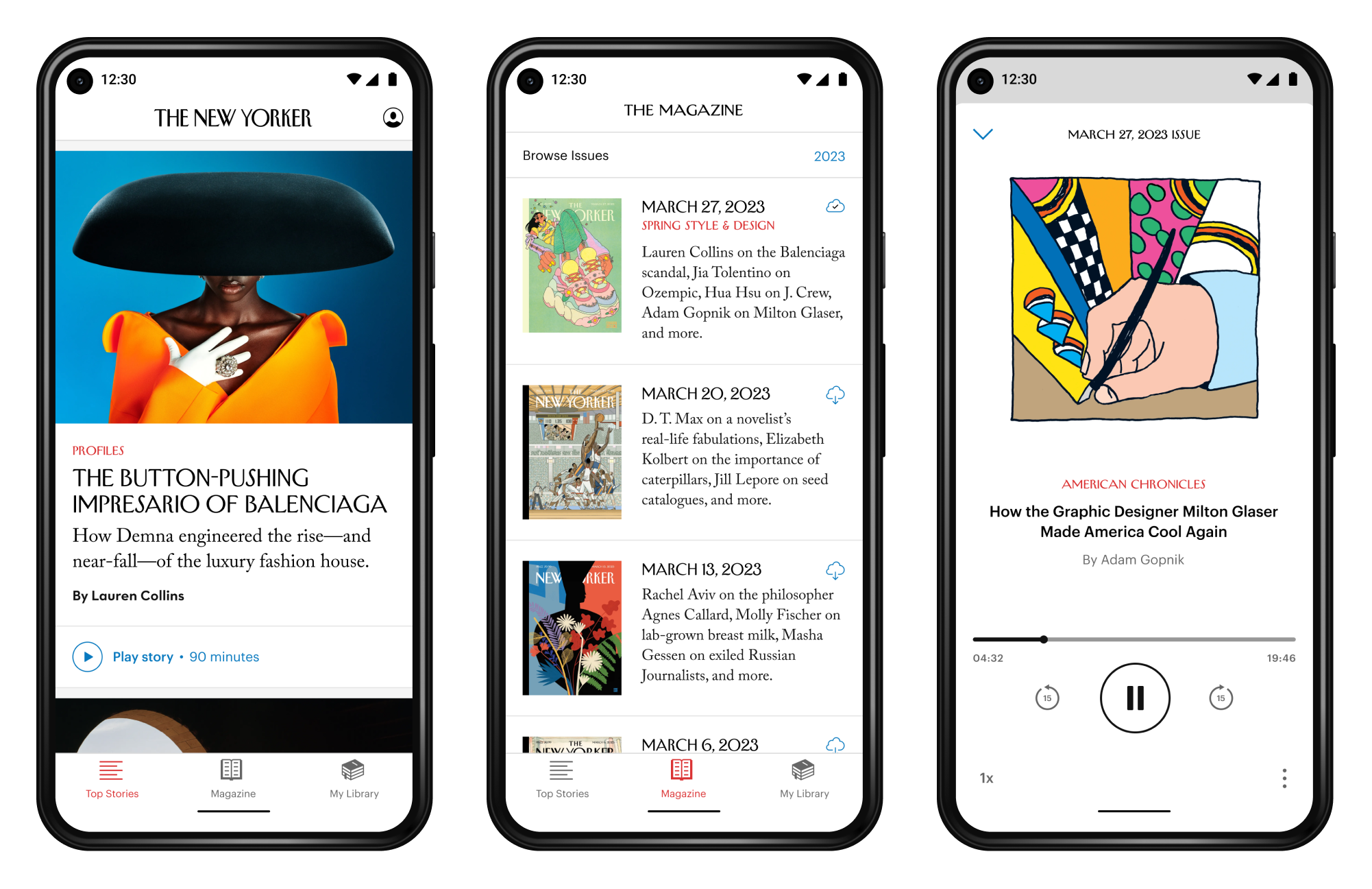 Screenshots of an app for reading articles from The New Yorker