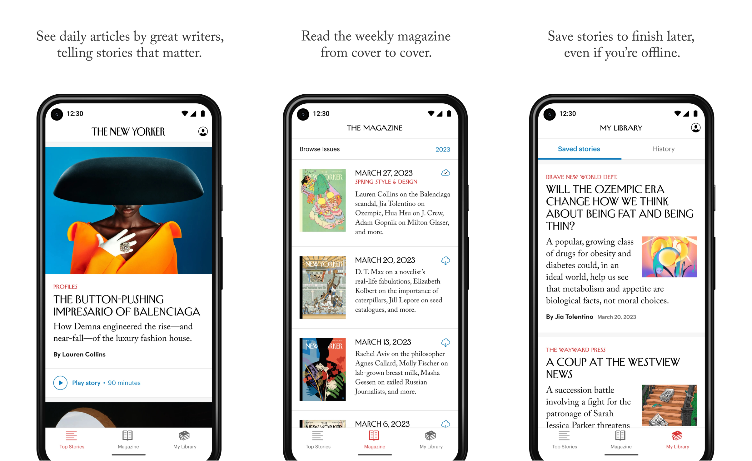 Screenshots of an app for reading articles from The New Yorker